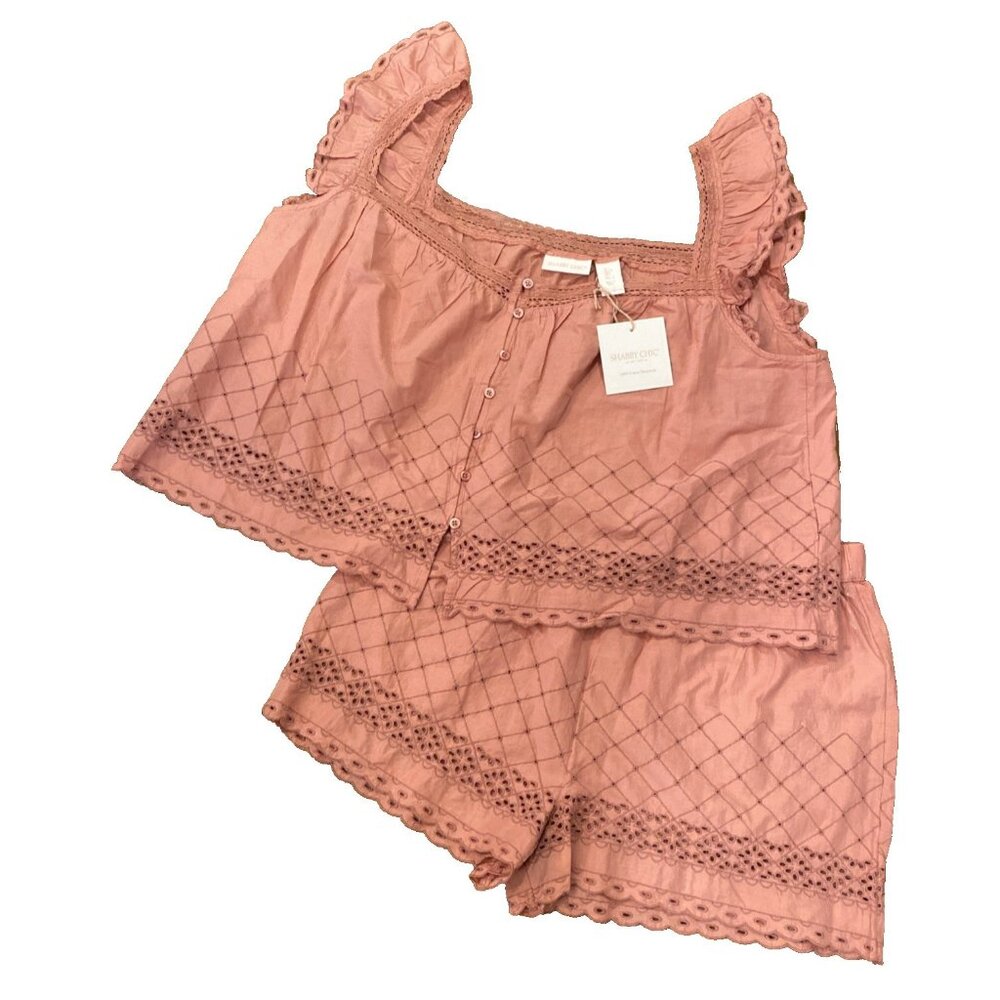 NEW SHABBY CHIC EYELET LACE 2-PIECE 100% COTTON PAJAMA SET PINK FEMININE LARGE